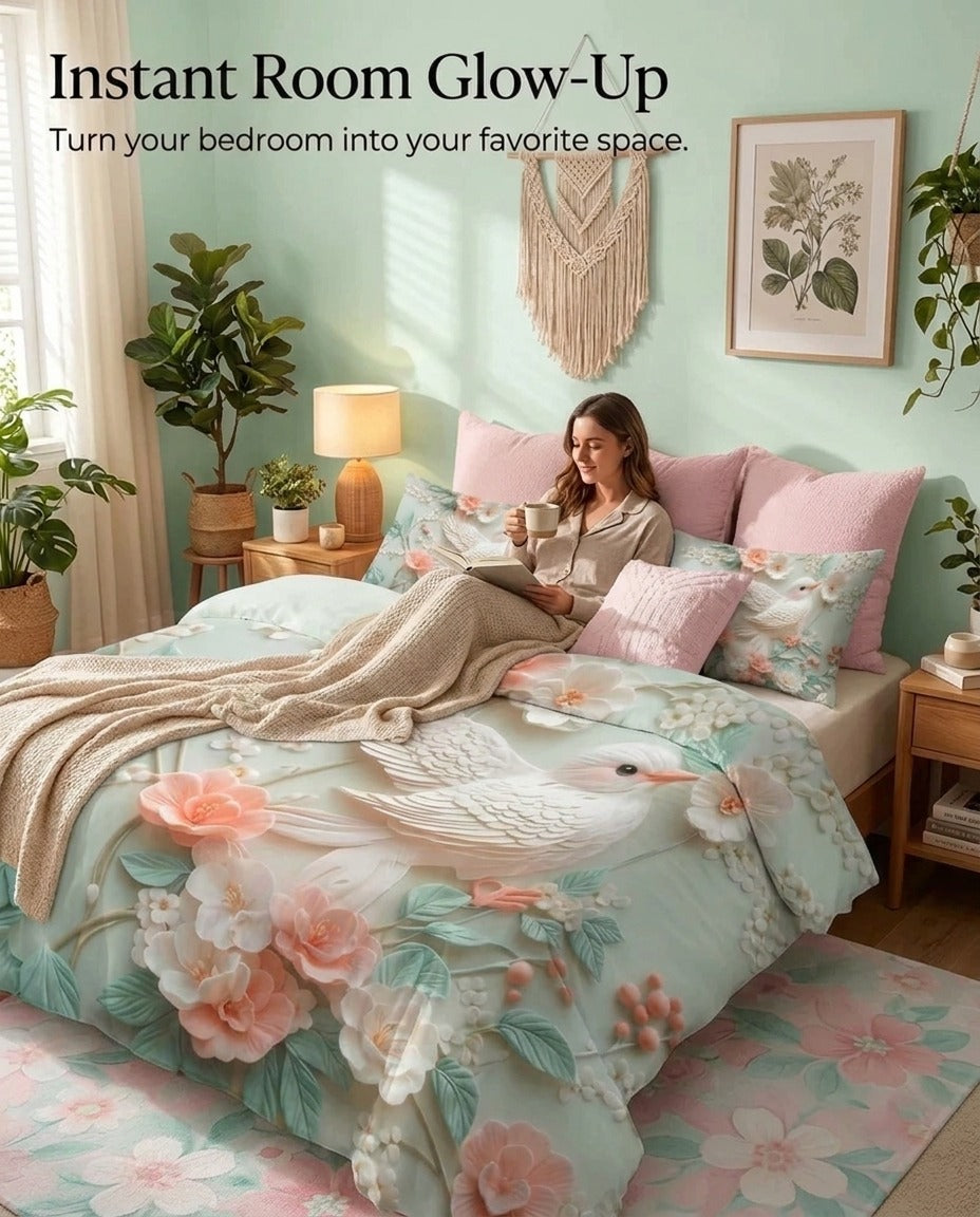 Fairy Tale Bird 7D Bedsheet Set – Ivory Peach