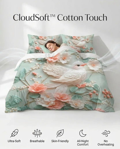 Fairy Tale Bird 7D Bedsheet Set – Ivory Peach