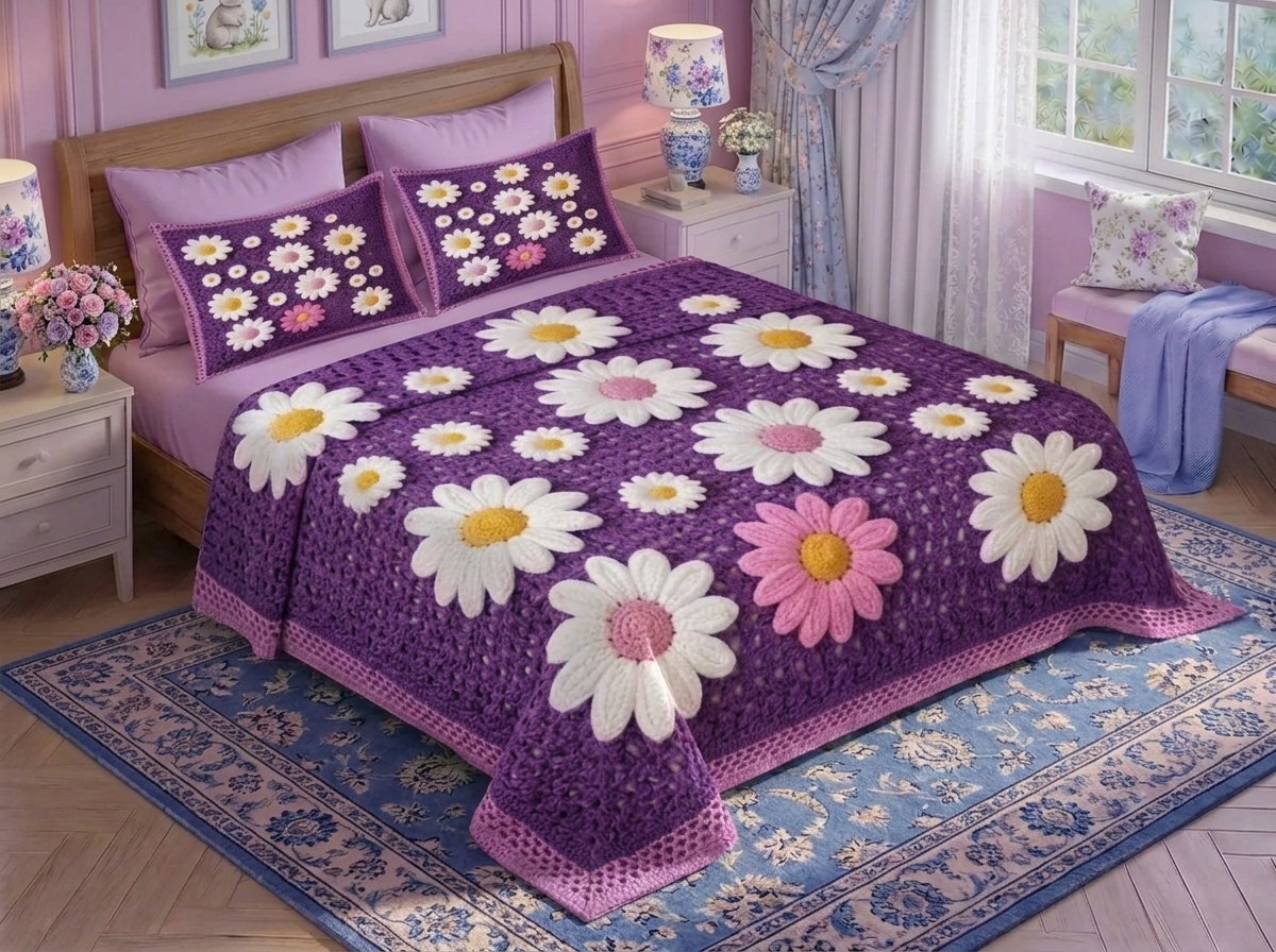 Purple Petal Printed Crochet Paradise Bedsheet Set - (Violet)