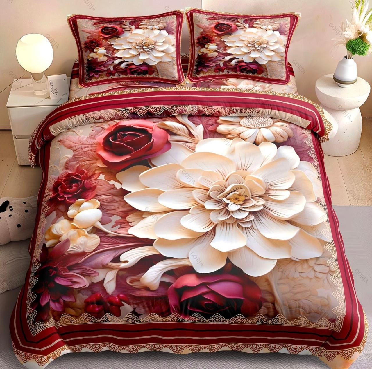 7D Royal Blossom Bliss Premium king Size Bedsheet (Red-Cream)