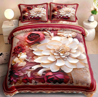 7D Royal Blossom Bliss Premium king Size Bedsheet (Red-Cream)