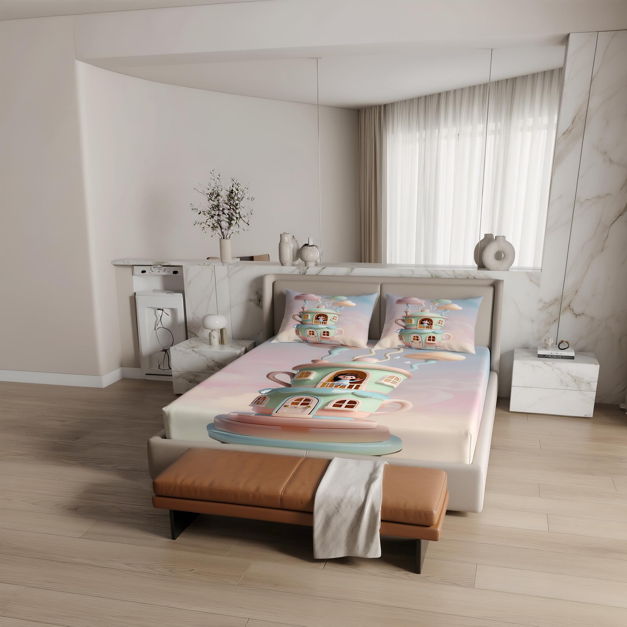 Fairy Tale Tea House 7D Bedsheet Set - Cream
