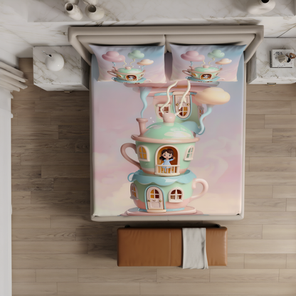 Fairy Tale Tea House 7D Bedsheet Set - Cream