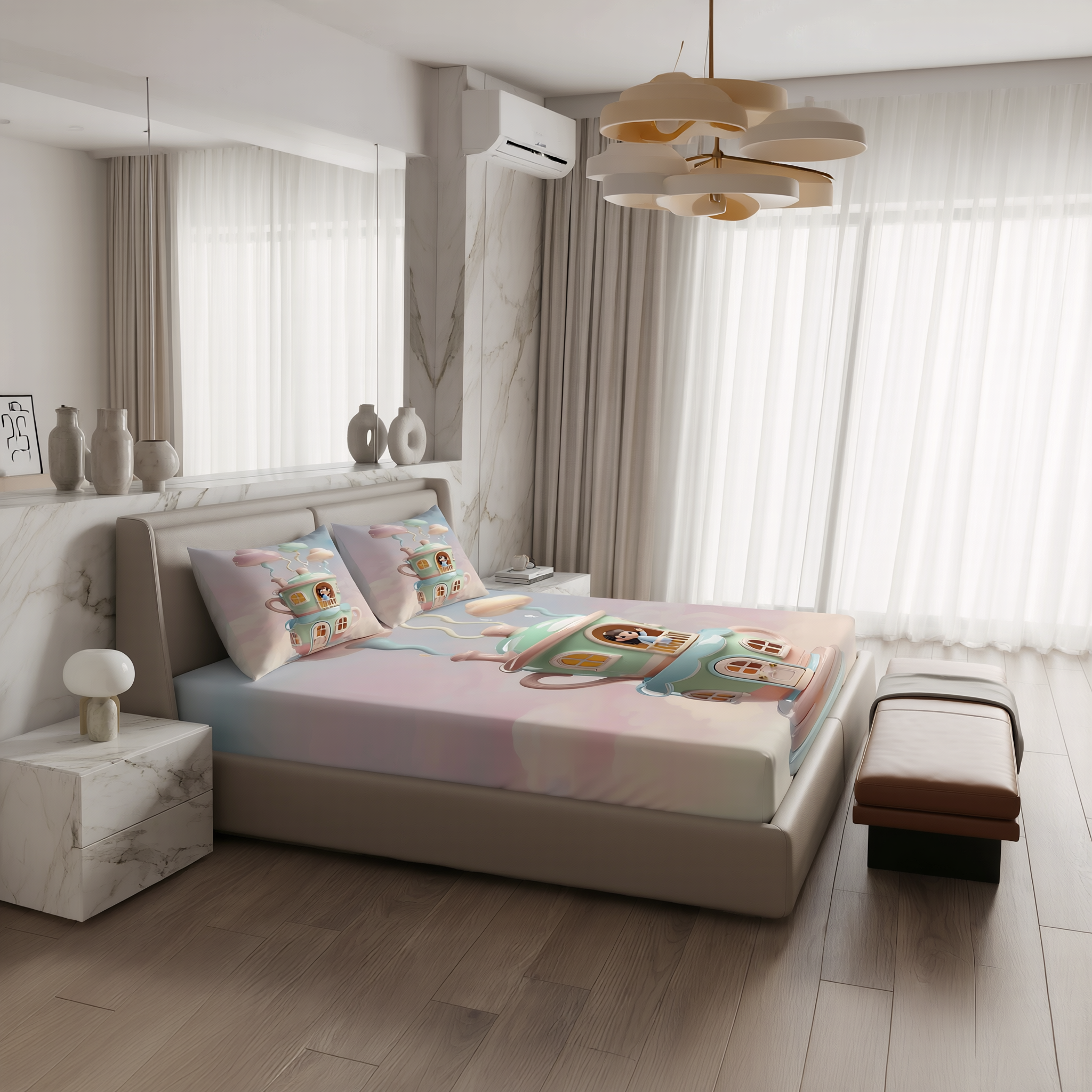 Fairy Tale Tea House 7D Bedsheet Set - Cream