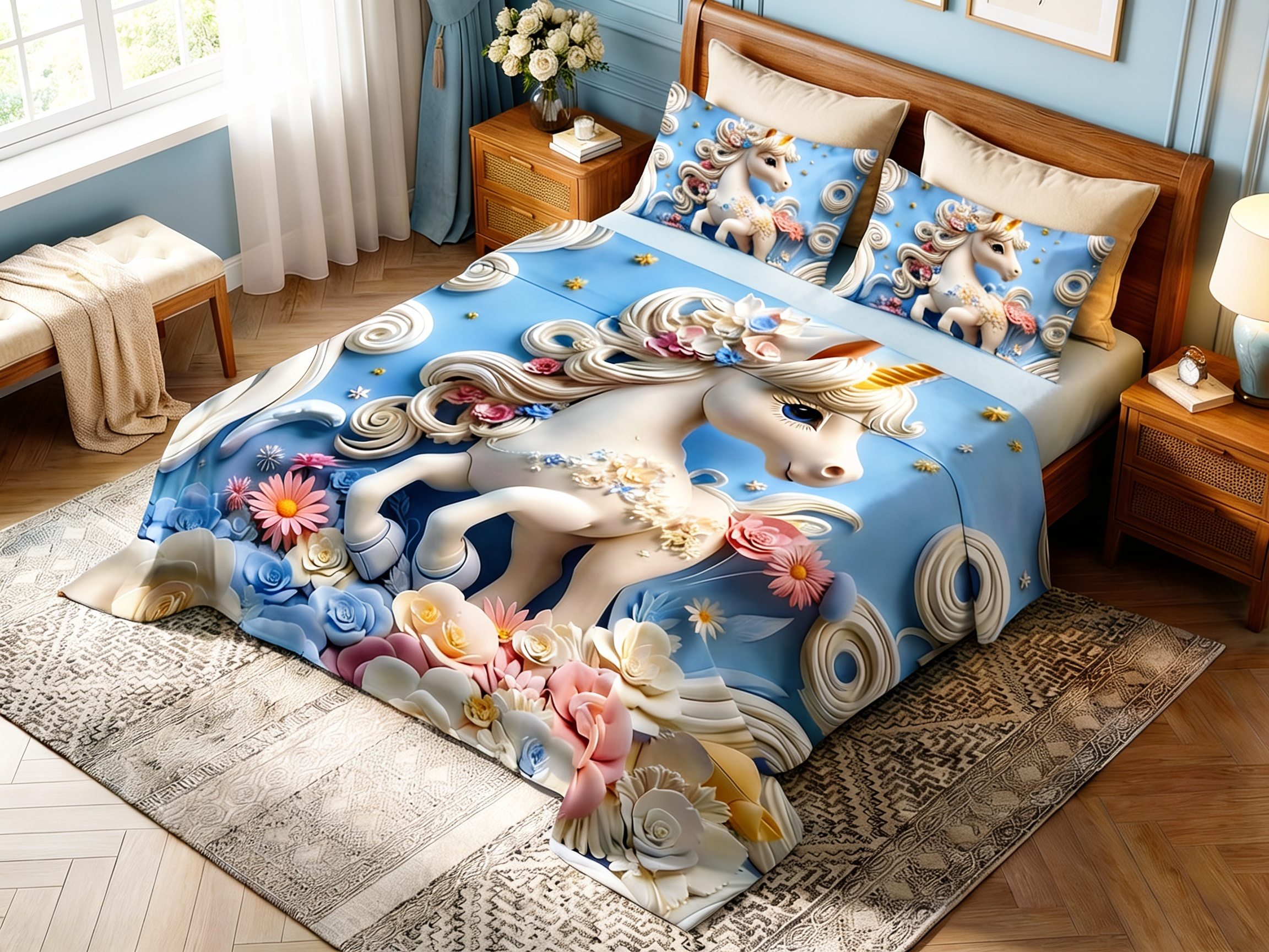 Fairy Tale Unicorn 7D Bedsheet Set – Blue
