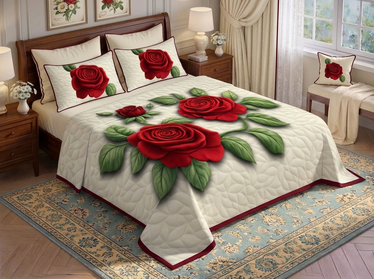 Royal Crimson Rose 7D Bedsheet Set - Ivory