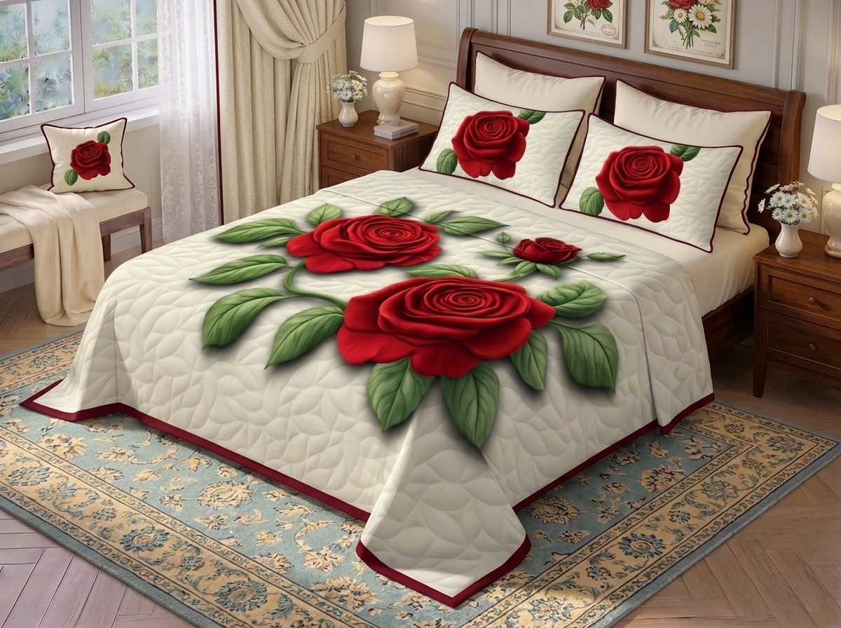 Royal Crimson Rose 7D Bedsheet Set - Ivory