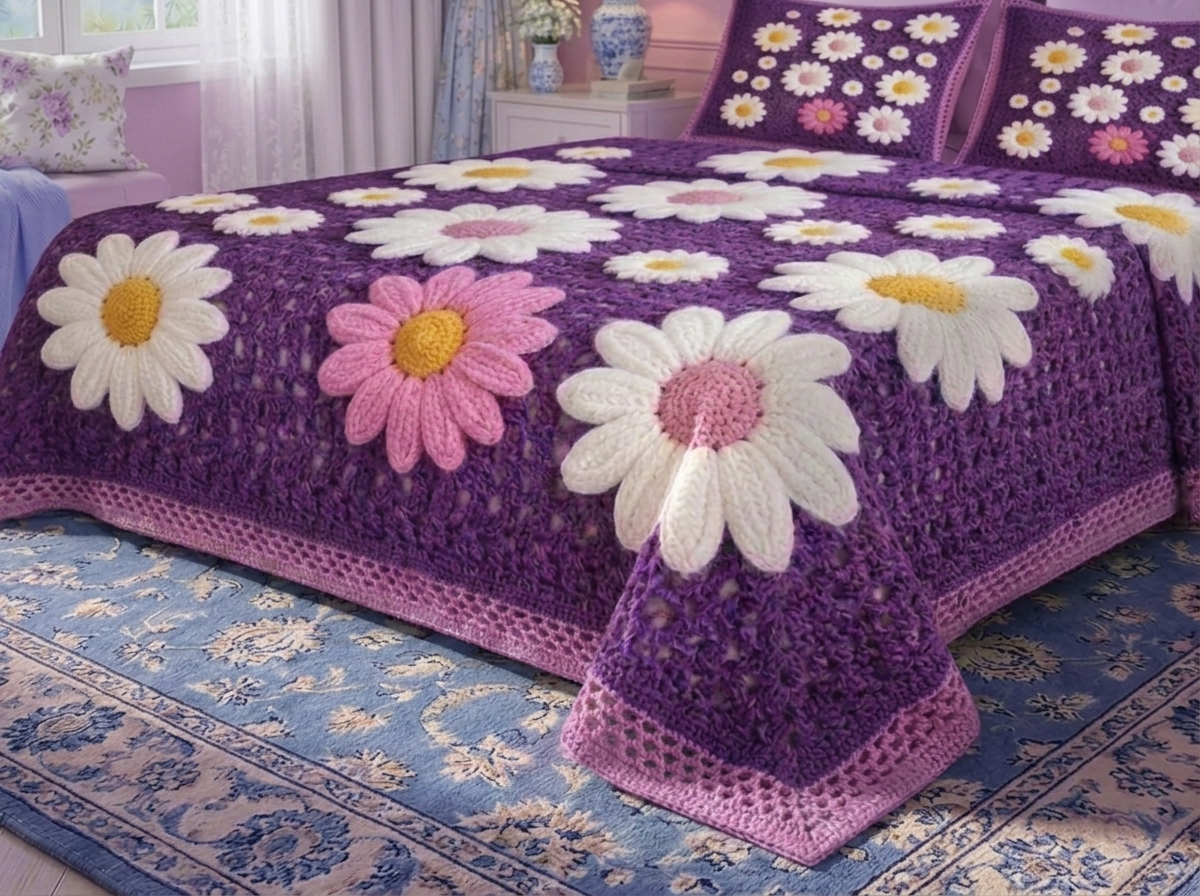 Purple Petal Printed Crochet Paradise Bedsheet Set - (Violet)