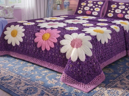 Purple Petal Printed Crochet Paradise Bedsheet Set - (Violet)