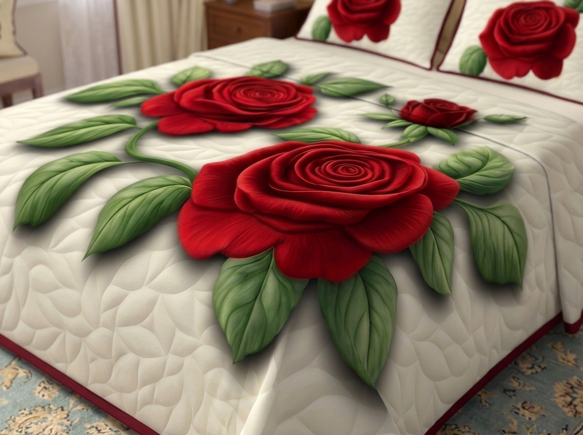 Royal Crimson Rose 7D Bedsheet Set - Ivory