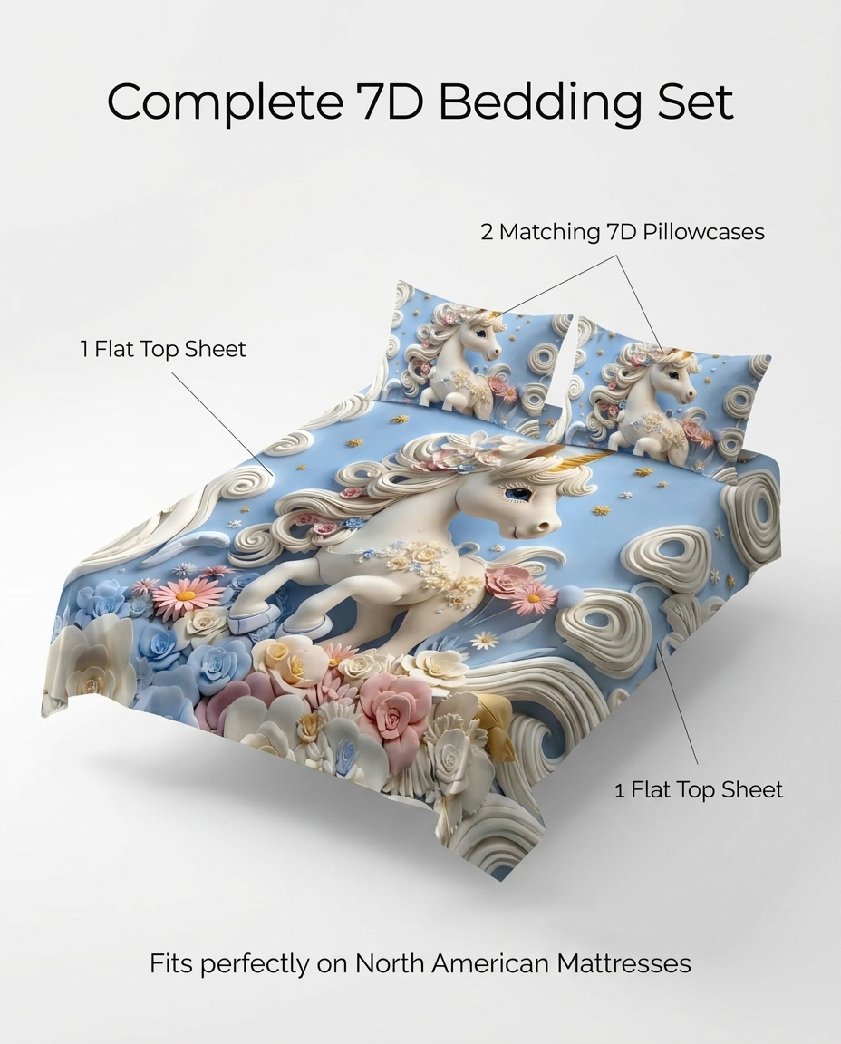 Fairy Tale Unicorn 7D Bedsheet Set – Blue