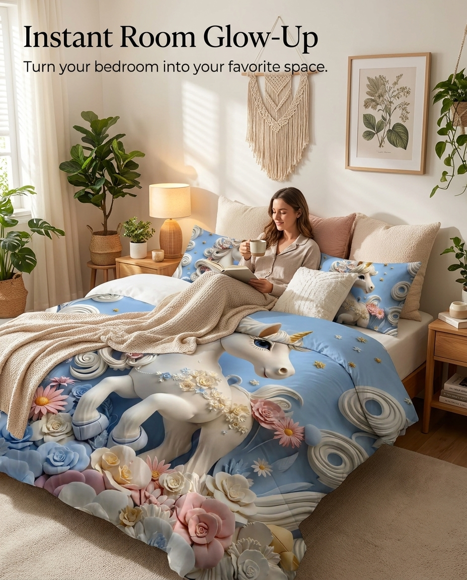 Fairy Tale Unicorn 7D Bedsheet Set – Blue