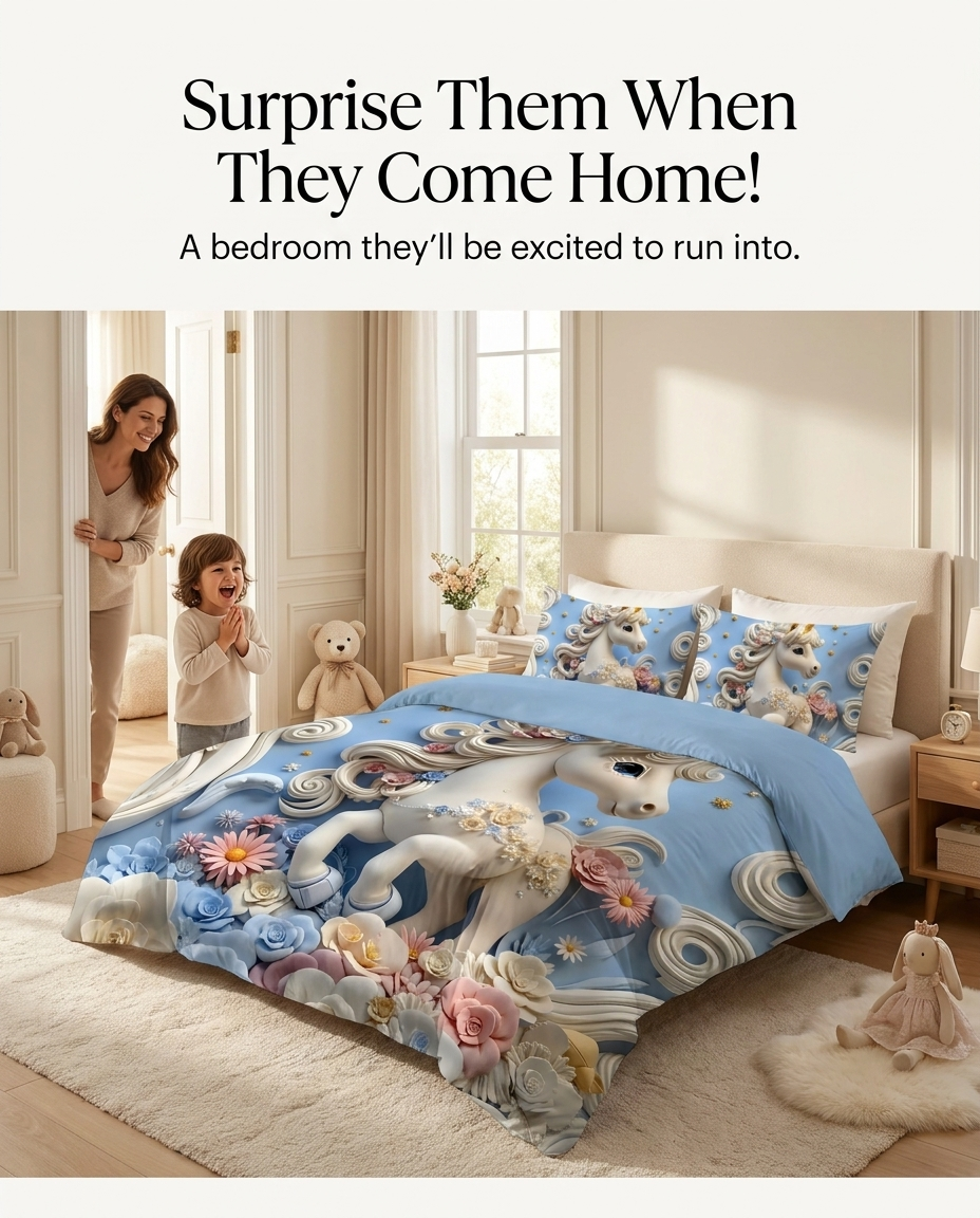 Fairy Tale Unicorn 7D Bedsheet Set – Blue