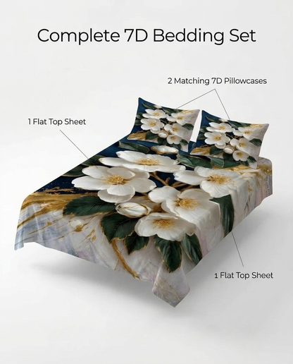 Fairy Tale White Orchid 7D Bedsheet Set – (Navy Blue)