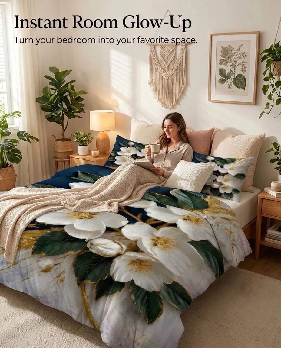 Fairy Tale White Orchid 7D Bedsheet Set – (Navy Blue)