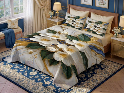 Fairy Tale White Orchid 7D Bedsheet Set – (Navy Blue)
