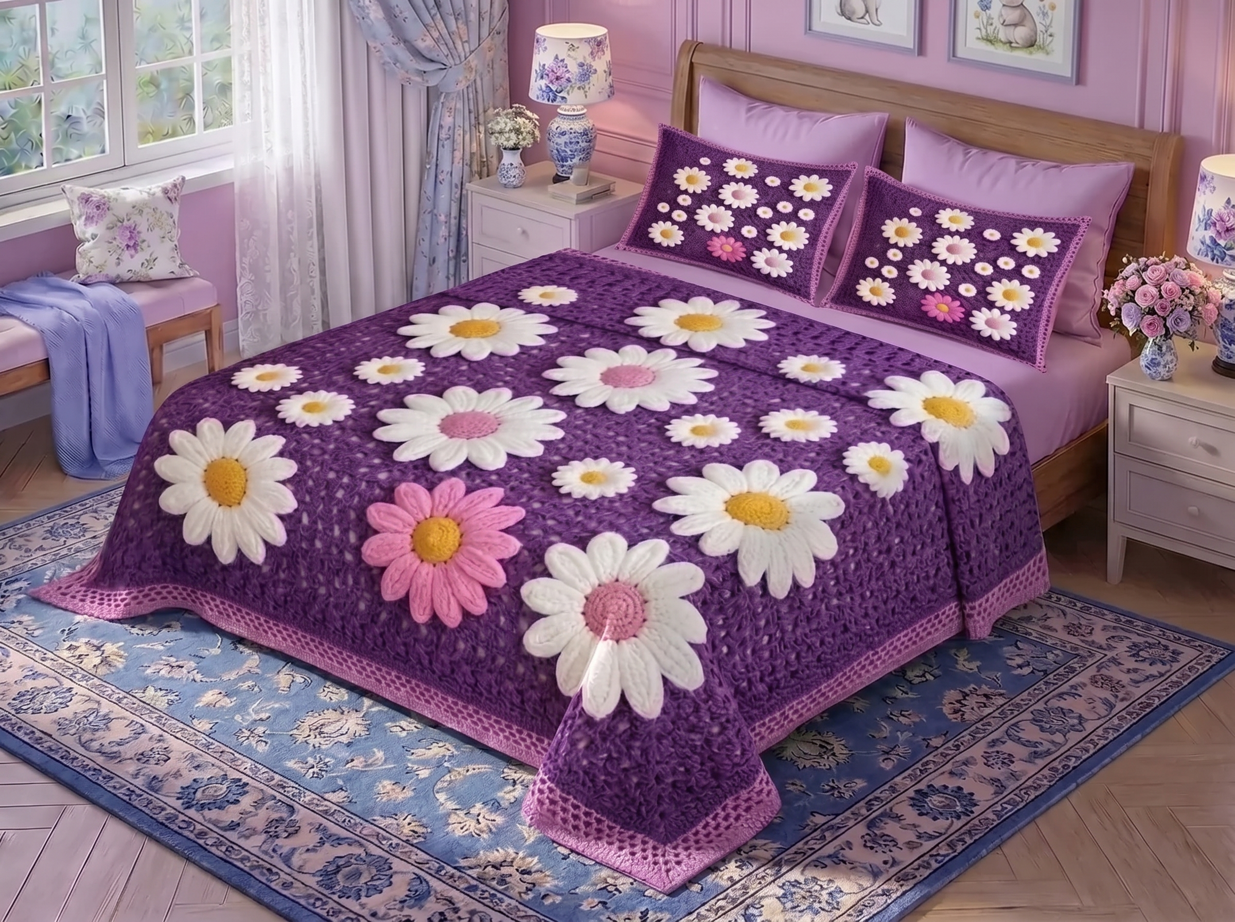 Purple Petal Printed Crochet Paradise Bedsheet Set - (Violet)