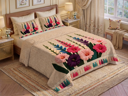 Bloomscape Printed Crochet Bedsheet Set - (Natural Beige)