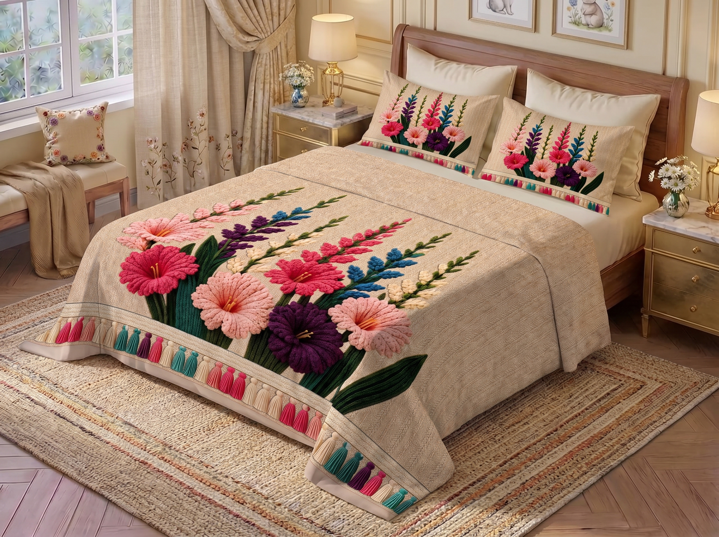 Bloomscape Printed Crochet Bedsheet Set - (Natural Beige)