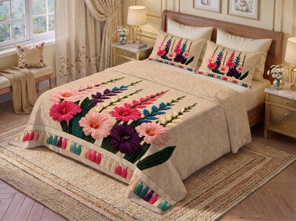 Bloomscape Printed Crochet Bedsheet Set - (Natural Beige)