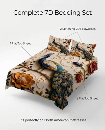 Fairy Tale Peacock 7D Bedsheet Set – (pearl ivory)