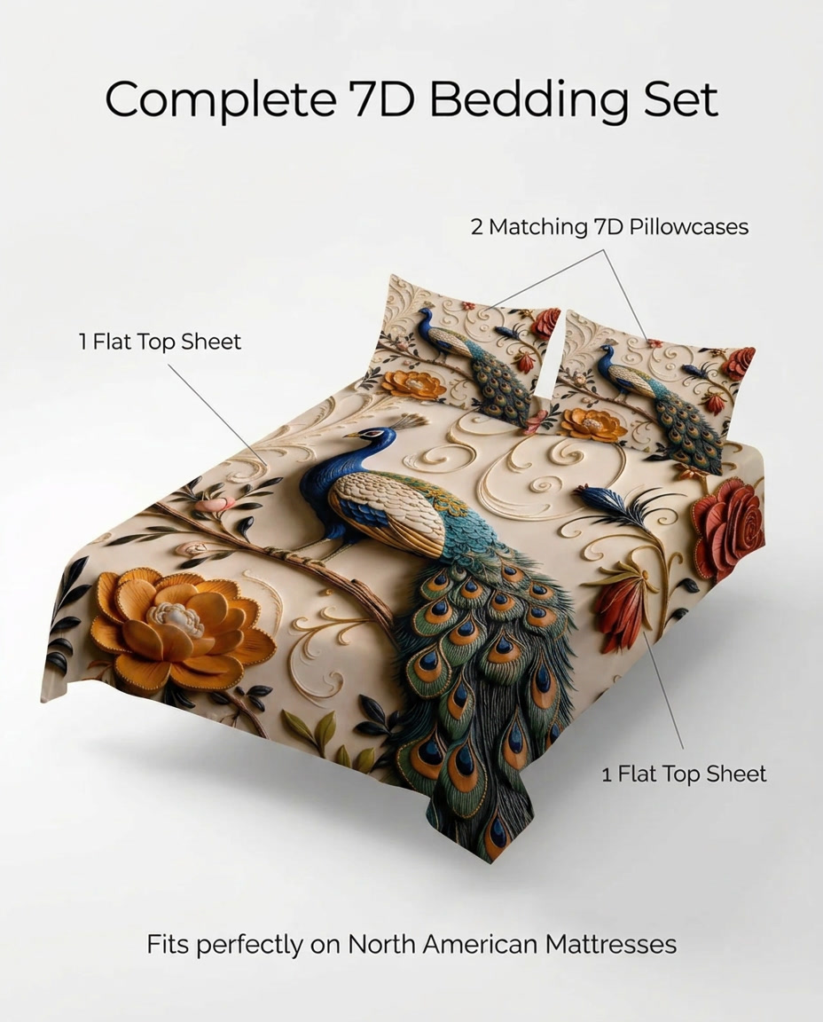 Fairy Tale Peacock 7D Bedsheet Set – (pearl ivory)
