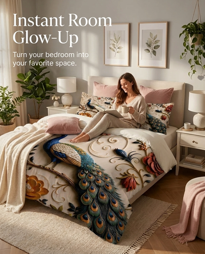 Fairy Tale Peacock 7D Bedsheet Set – (pearl ivory)