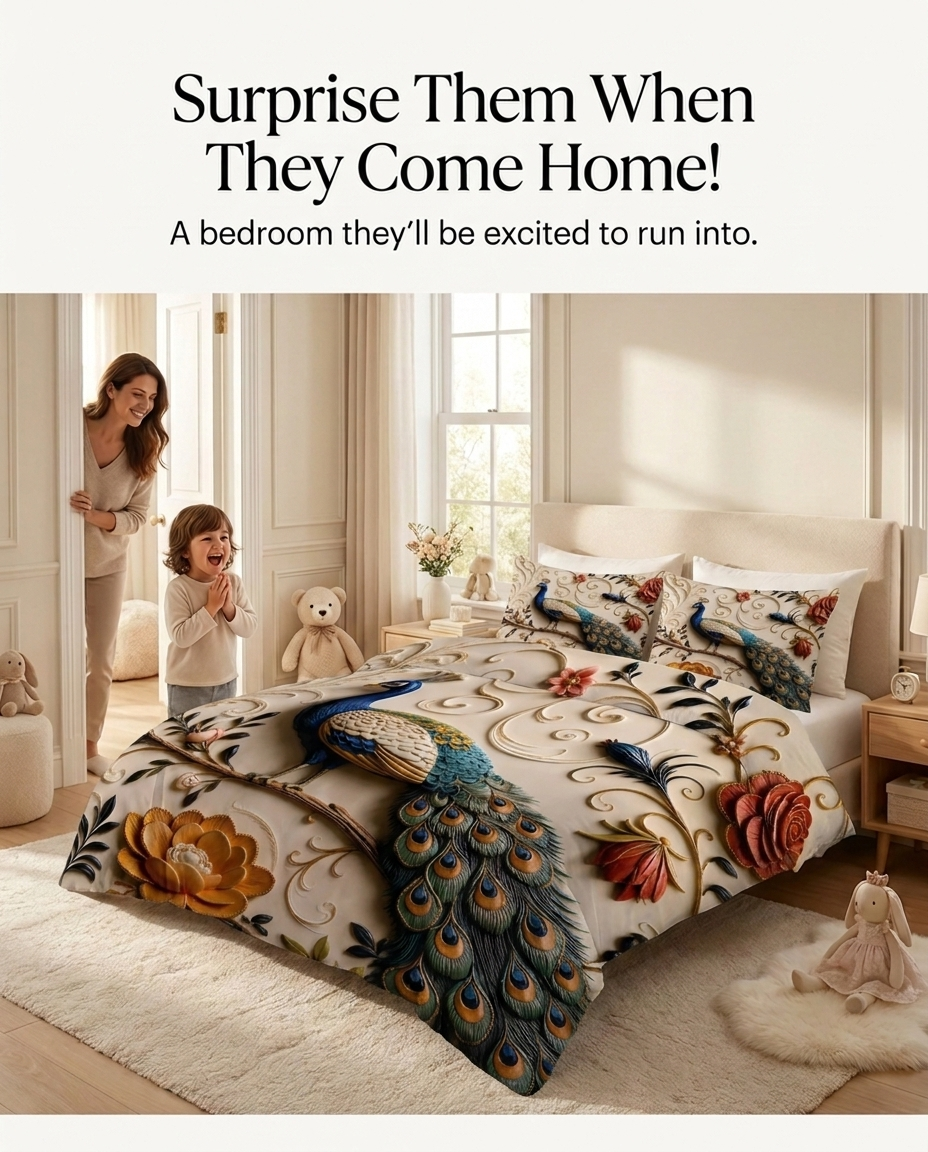 Fairy Tale Peacock 7D Bedsheet Set – (pearl ivory)
