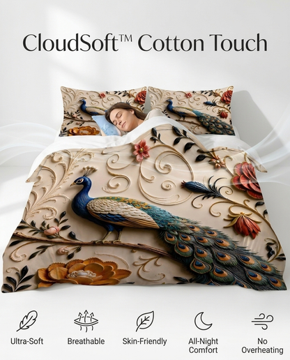 Fairy Tale Peacock 7D Bedsheet Set – (pearl ivory)