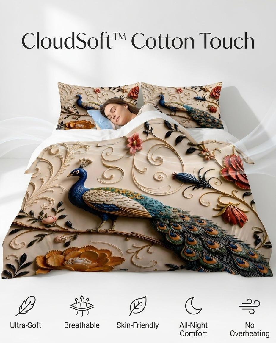 Fairy Tale Peacock 7D Bedsheet Set – (pearl ivory)