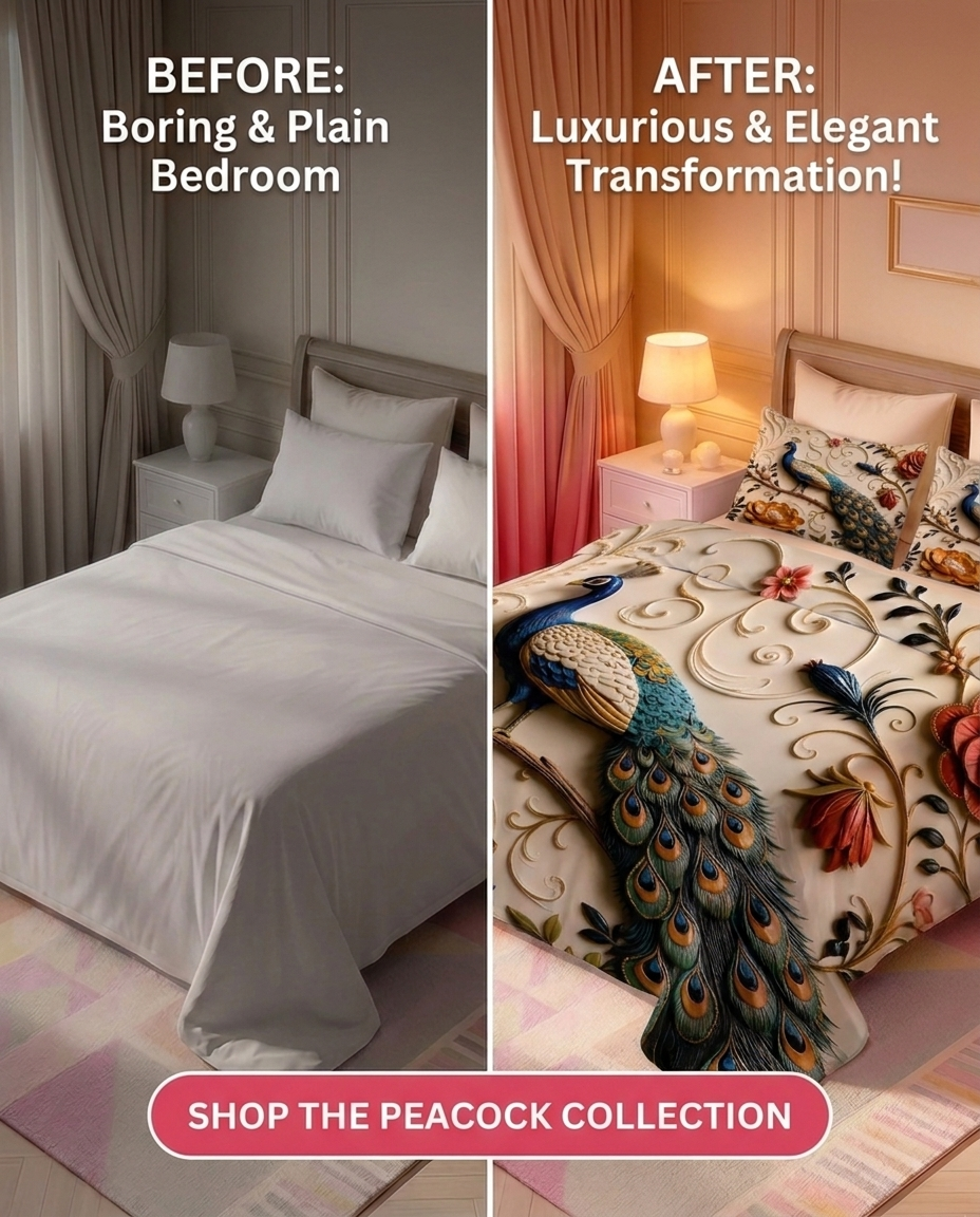 Fairy Tale Peacock 7D Bedsheet Set – (pearl ivory)