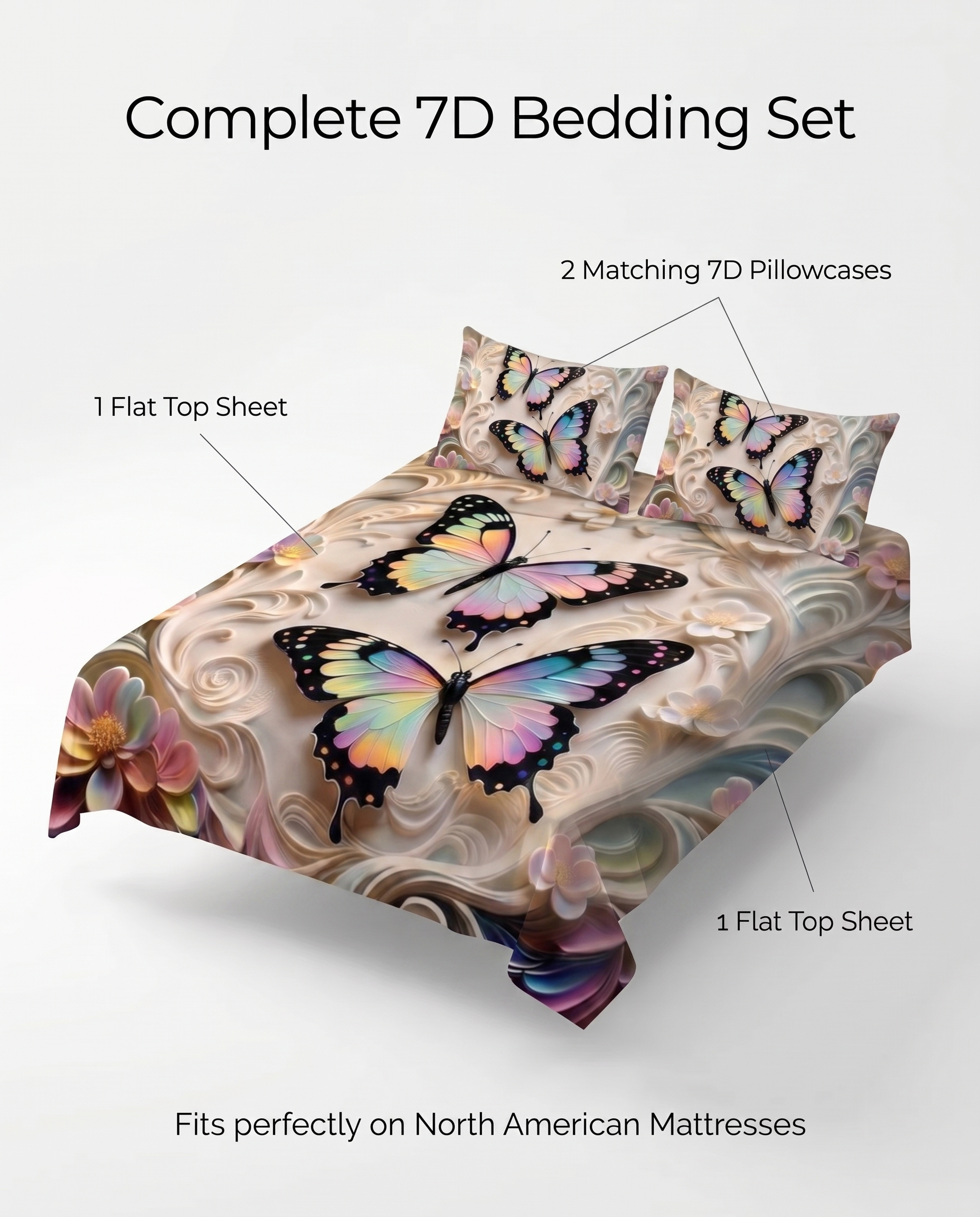 Fairy Tale Butterfly 7D Bedsheet Set - (Cream)