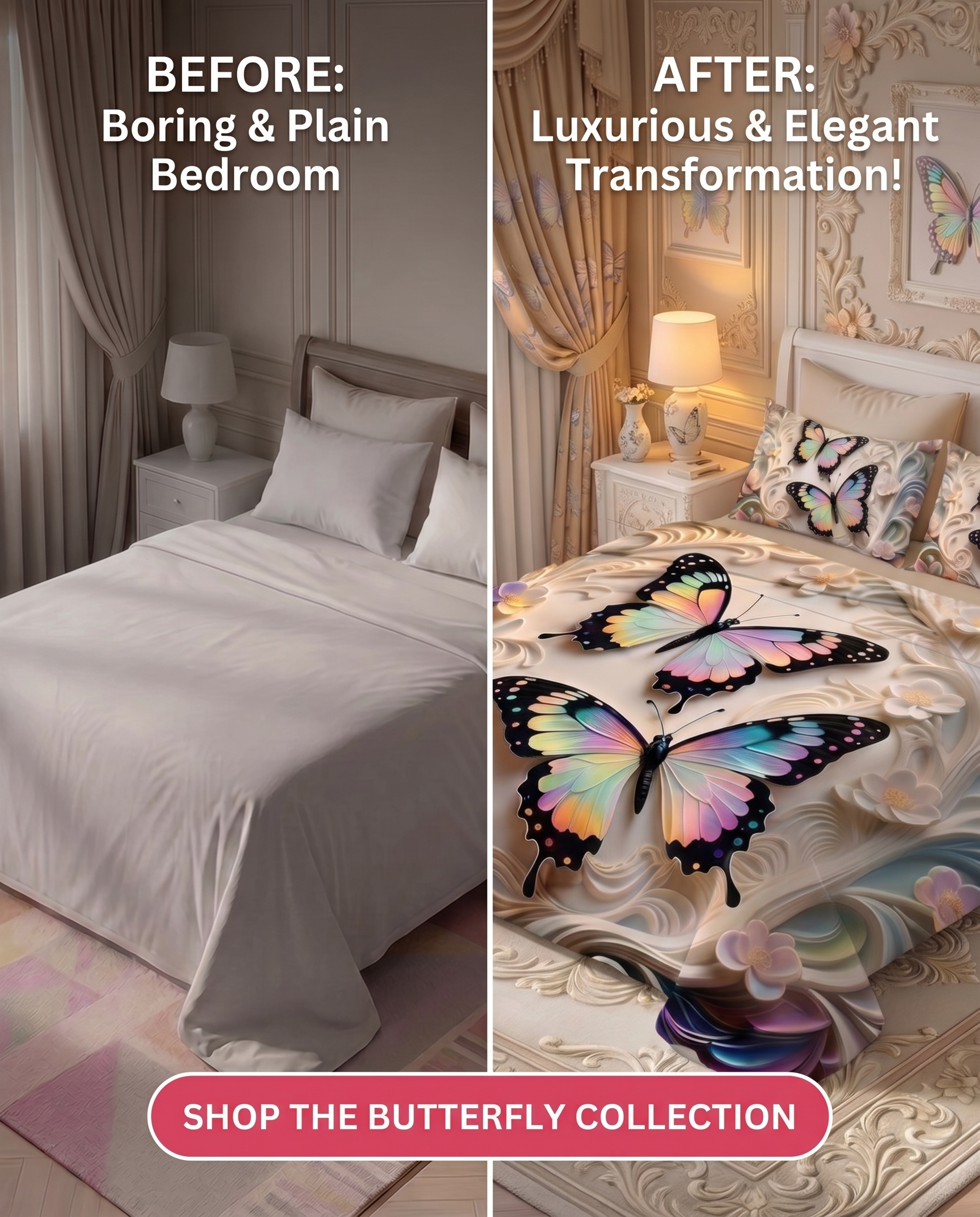 Fairy Tale Butterfly 7D Bedsheet Set - (Cream)