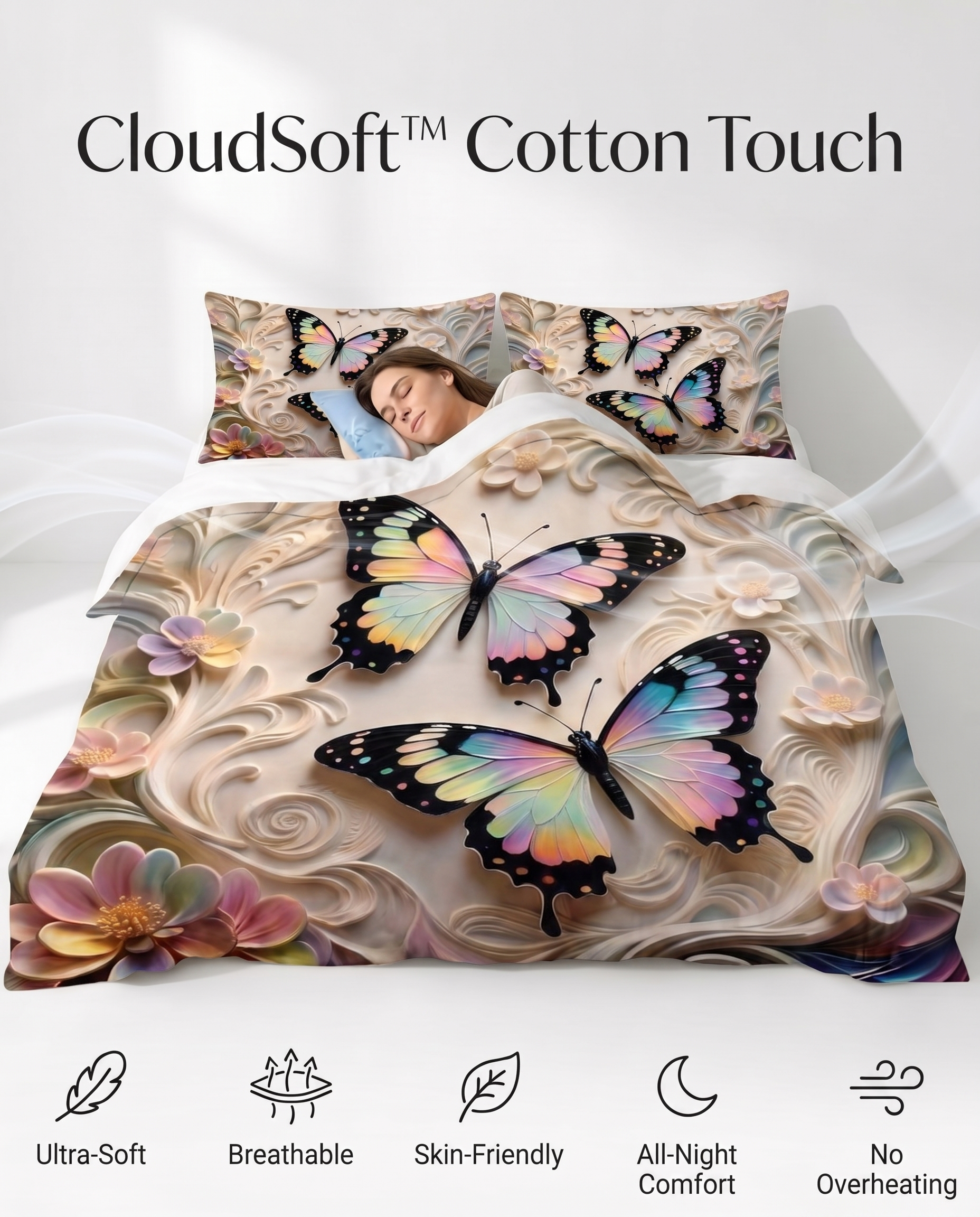 Fairy Tale Butterfly 7D Bedsheet Set - (Cream)