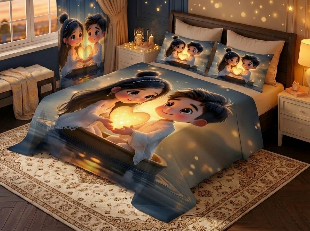 Glow of Love 7D Bedsheet & Curtain Combo Set