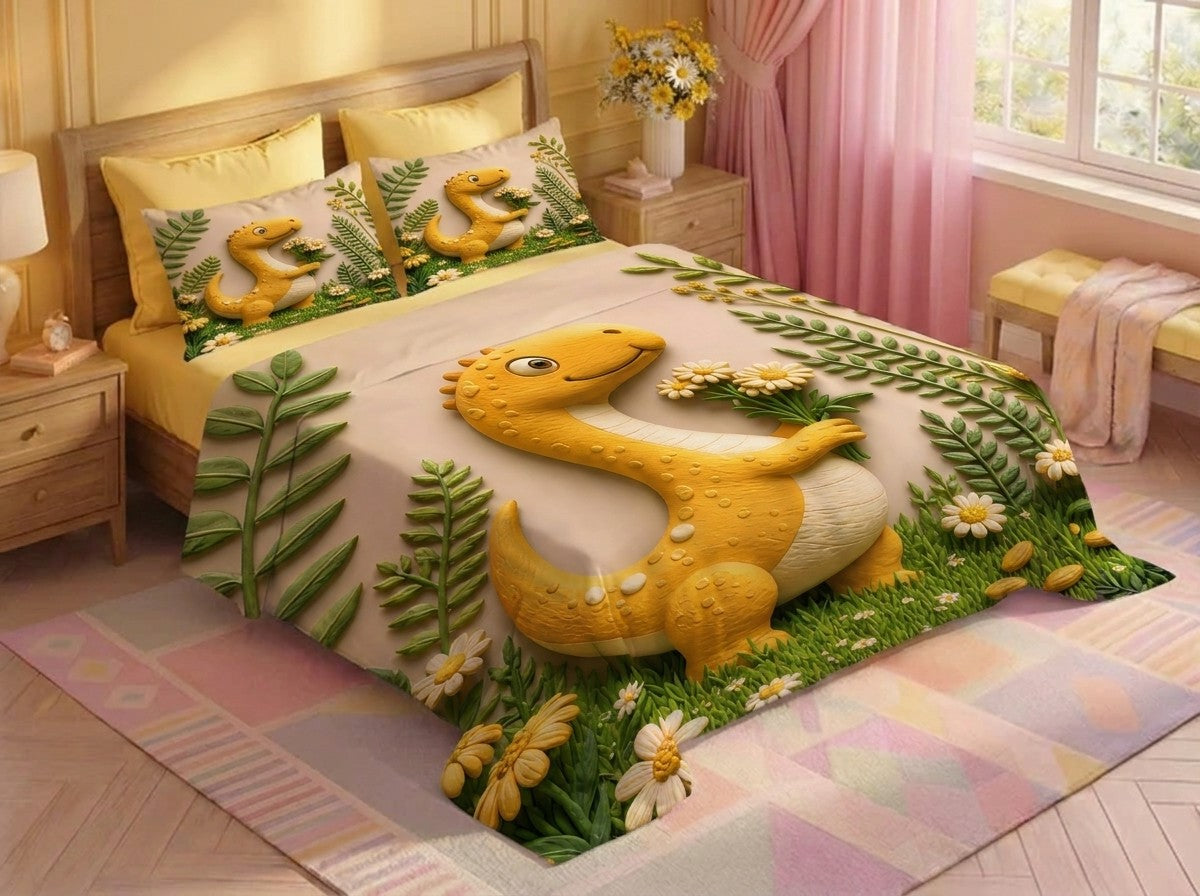 Fairy Tale Dino Bloom 7D Bedsheet Set – (Sage Green)