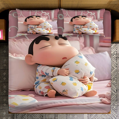 Fair Tale Shinchan giggles 7D Bedsheet Set - (red blue)